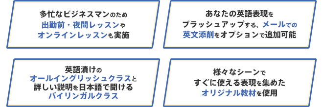 多忙なビジネスマンのため、出勤前・夜間レッスンやオンラインレッスンも実施。あなたの英語表現をブラッシュアップする、メールでの英文添削をオプションで追加可能。英語漬けのオールイングリッシュクラスと、詳しい説明を日本語で聞けるバイリンガルクラス。様々なシーンですぐに使える表現を集めた、オリジナル教材を使用。